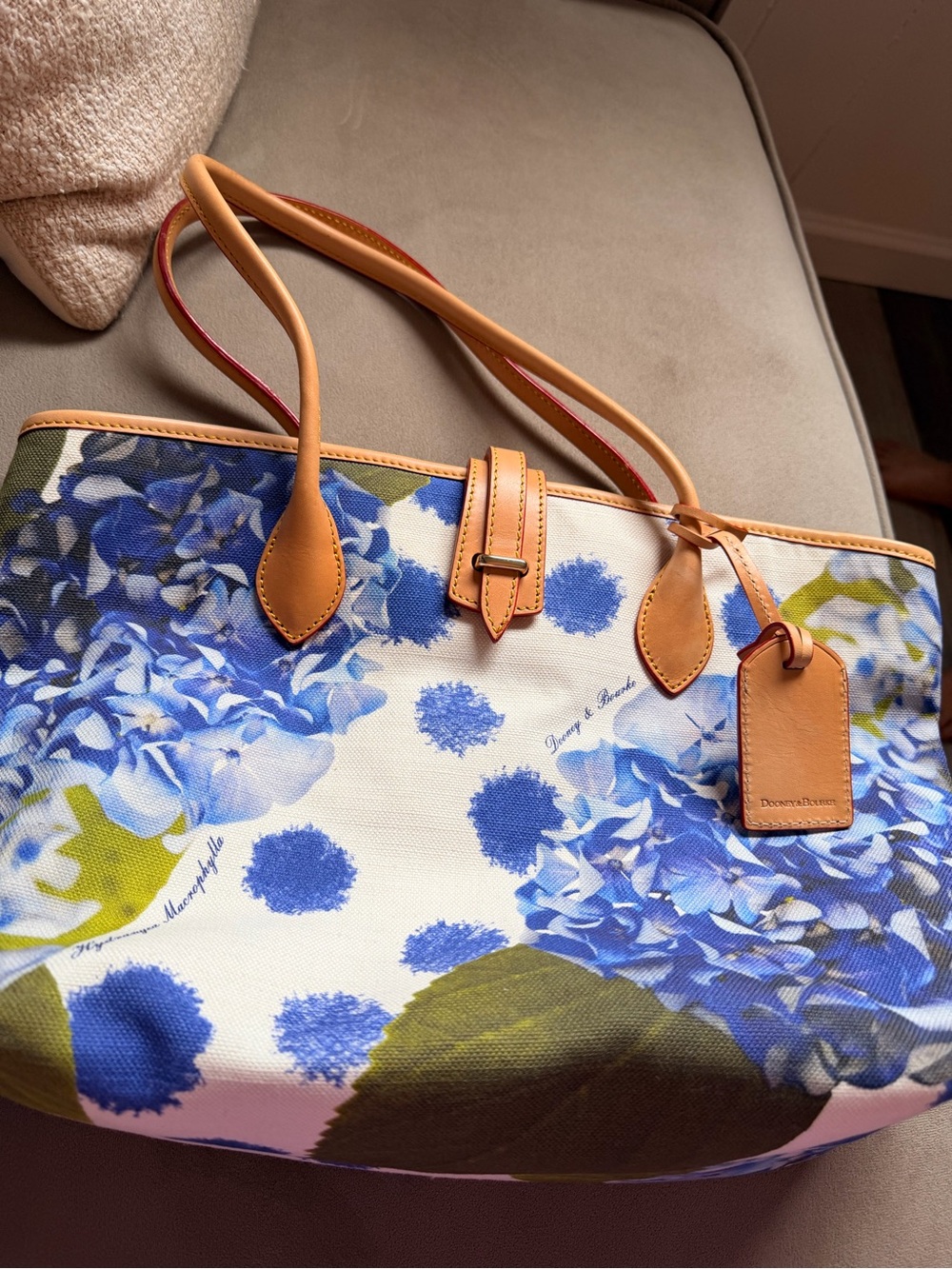 Dooney & Bourke Blue Hydrangea Canvas Tote with Tan Leather Trim